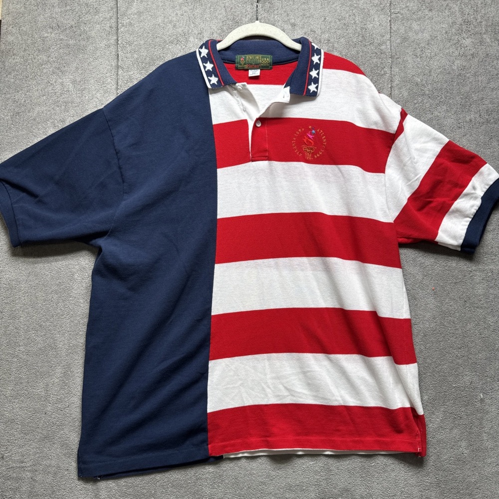 Atlanta 1996 Olympics Red White Blue Men's‎ Polo XXL Flag US Stars Stripes Shirt